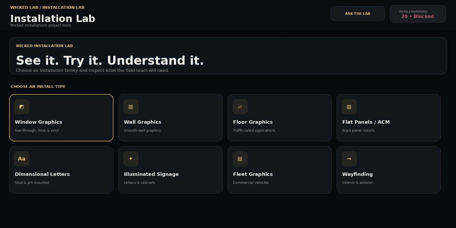 Installation Lab interface showing installation types and project scope tools
