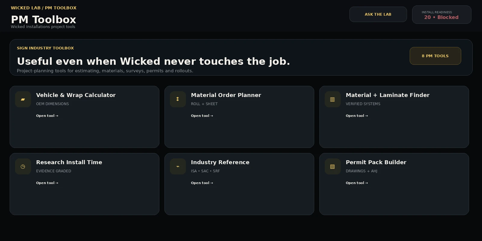 PM Toolbox interface showing project manager planning tools