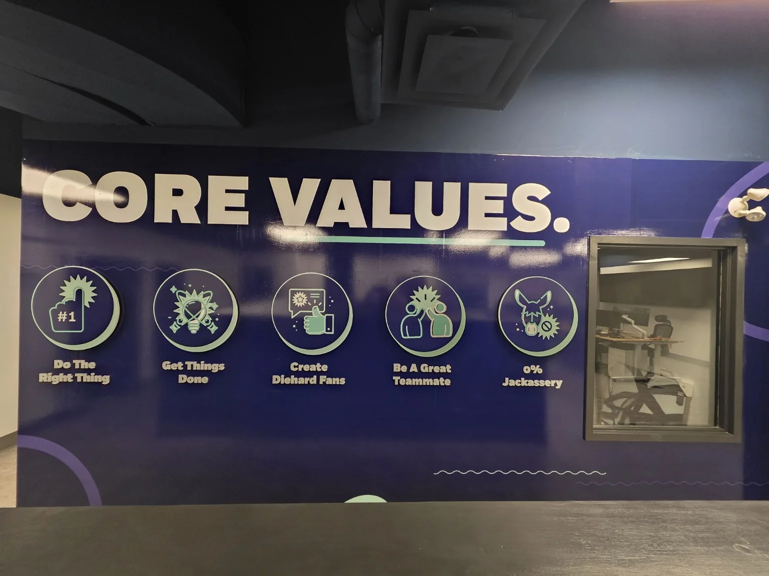 Finished branded Core Values wall with dimensional lettering